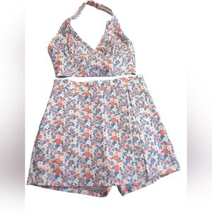Altar'd State Blue and Red Floral Garment  Set Top And Skirt Size XS